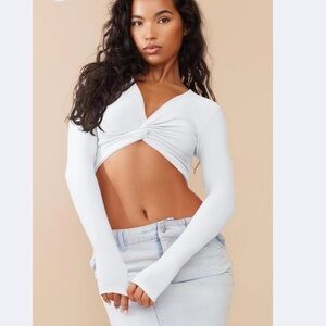 Lagshian Sexy Deep V-neck Long Sleeve Fitted Fadhion Knot Club Crop Top Shirt